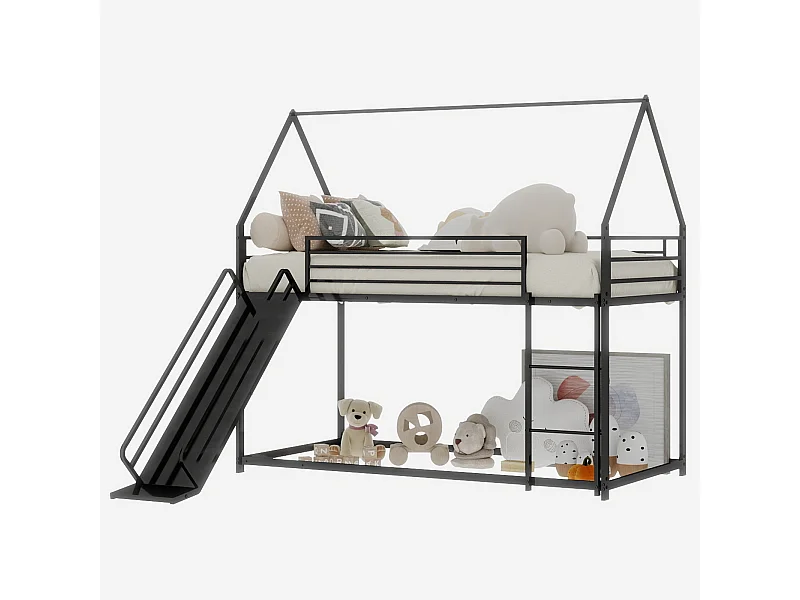 Letto a castello 150x190cm metallo salvaspazio doppio posto design gioco casetta sicurezza con sponde alte nero (Senza materasso)