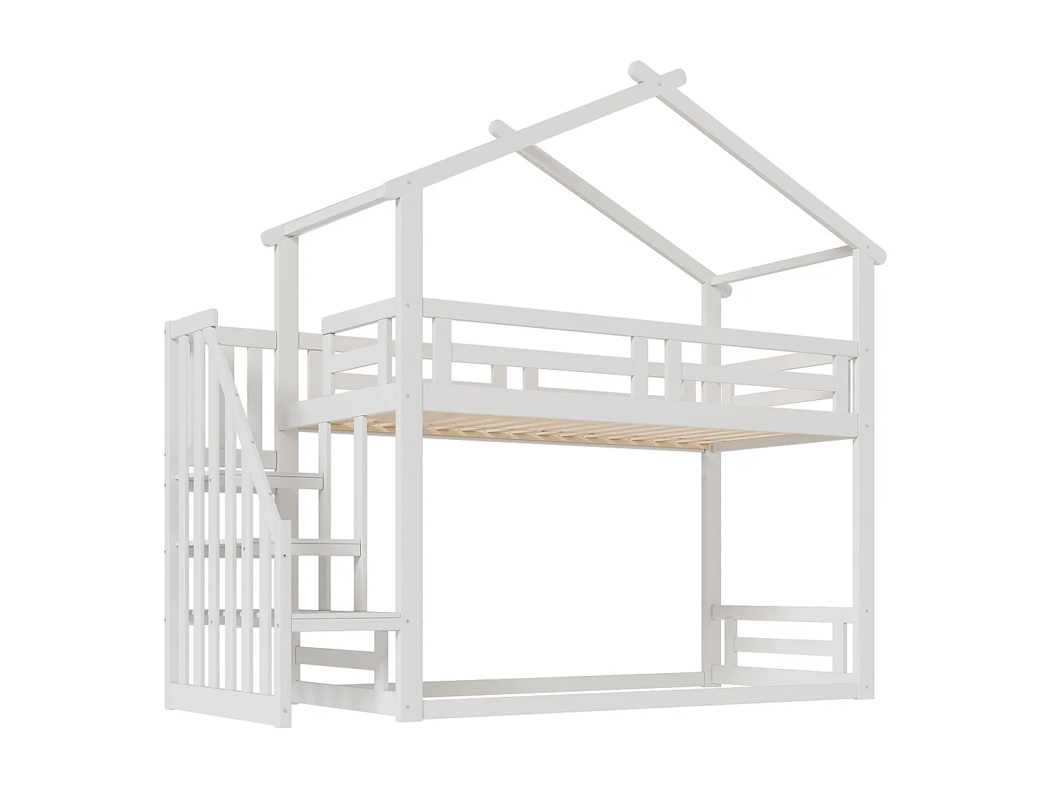 Lit superposé 90x200cm enfant style scandinave garde corps 29cm 16 lattes bois blanc (Sans matelas)