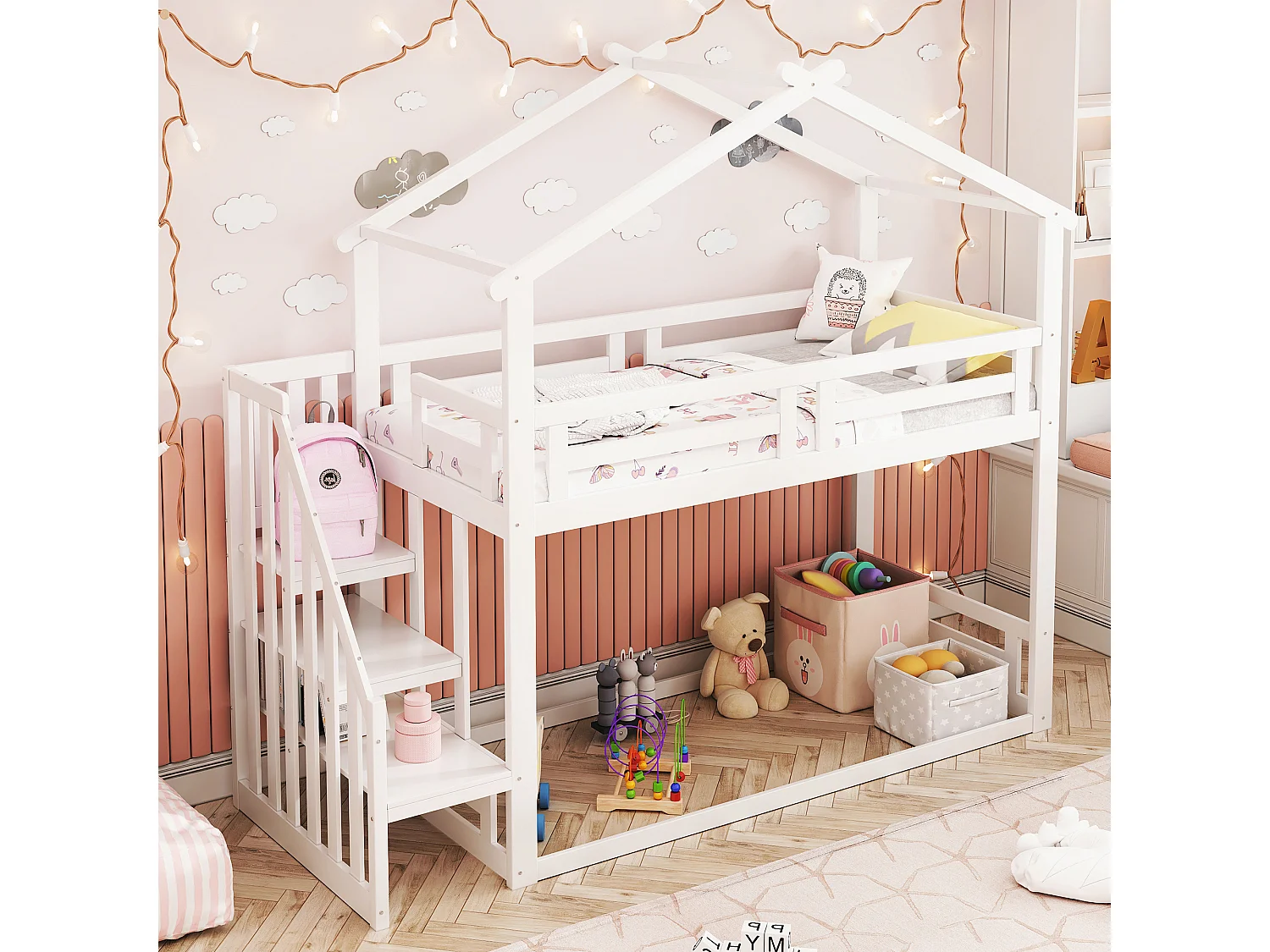 Lit superposé 90x200cm enfant style scandinave garde corps 29cm 16 lattes bois blanc (Sans matelas)