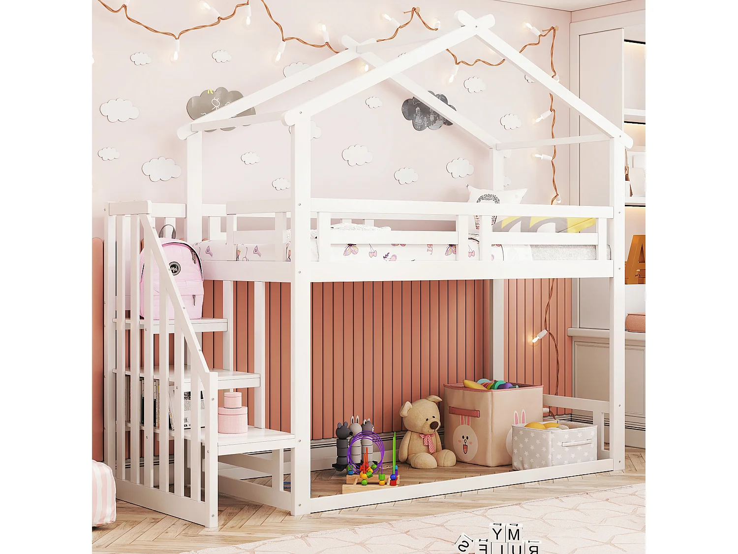 Lit superposé 90x200cm enfant style scandinave garde corps 29cm 16 lattes bois blanc (Sans matelas)