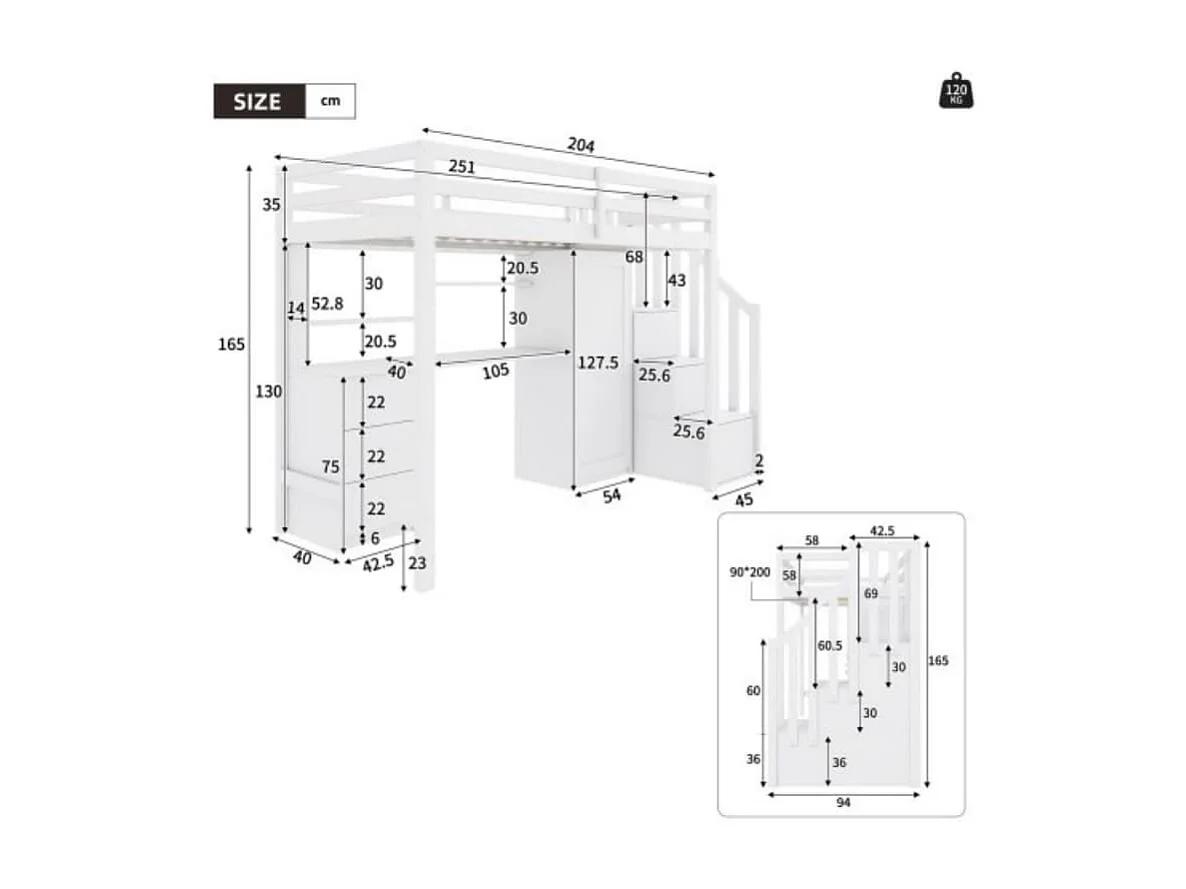 Lit mezzanine 90x200cm design sécurisé avec barrières échelle bureau intégré en bois blanc Sans matelas