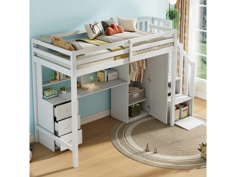 Lit mezzanine 90x200cm design sécurisé avec barrières échelle bureau intégré en bois blanc Sans matelas