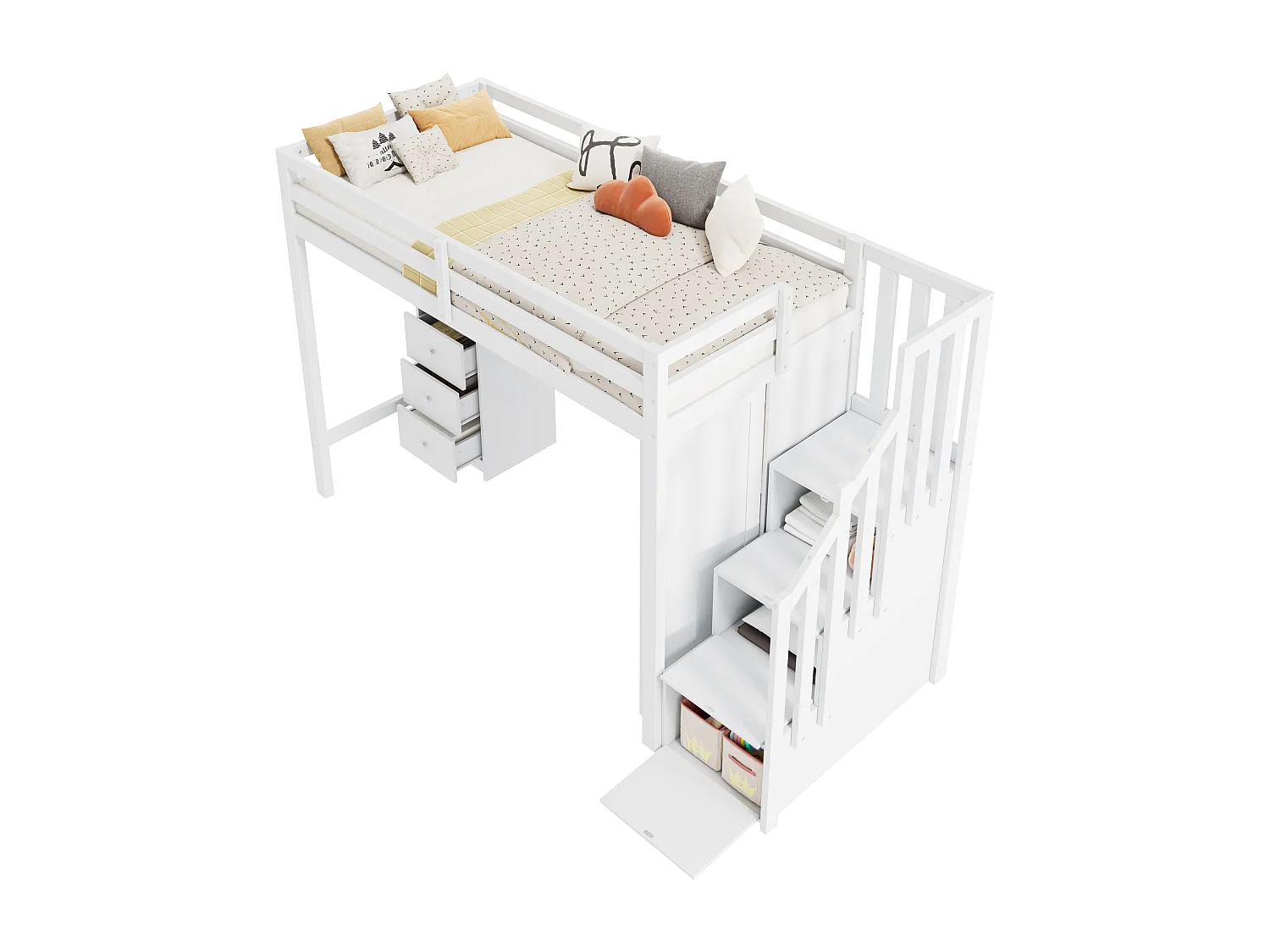 Lit mezzanine 90x200cm design sécurisé avec barrières échelle bureau intégré en bois blanc Sans matelas