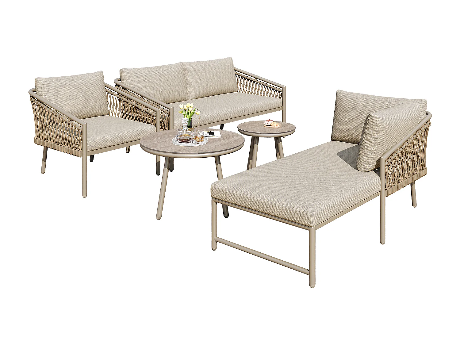 4/5-zits ijzeren tuinset - moderne buitenbank - kussens inbegrepen - handgeweven - kaki