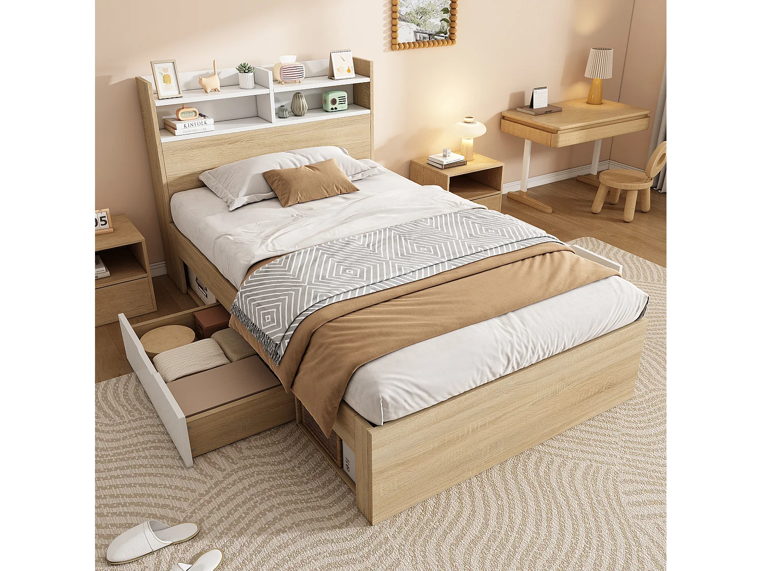 Lit enfant 90x200cm avec etagère de tête de lit deux tiroirs et compartiments de rangement ouverts couleur du bois blanc et naturel (sans matels)