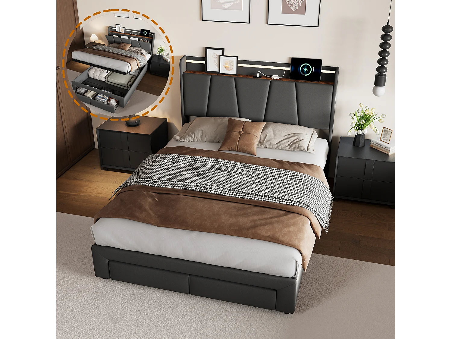 Cama doble 140x190cm con iluminación LED y puertos USB - compartimento hidráulico y 2 cajones - lino - gris