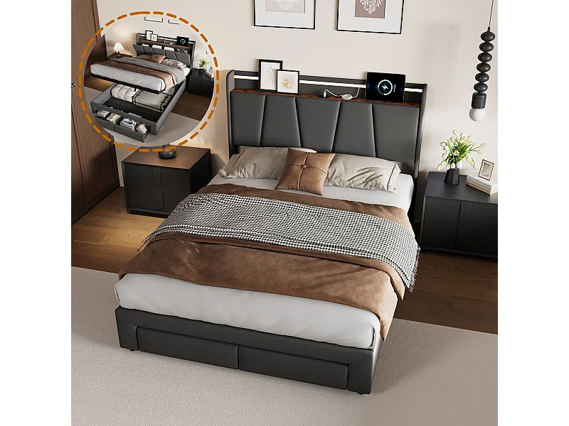 Lit double 140x190cm avec éclairage LED et ports USB - compartiment de rangement hydraulique et 2 tiroirs - lin - gris