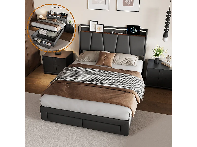 Lit double 140x190cm avec éclairage LED et ports USB - compartiment de rangement hydraulique et 2 tiroirs - lin - gris