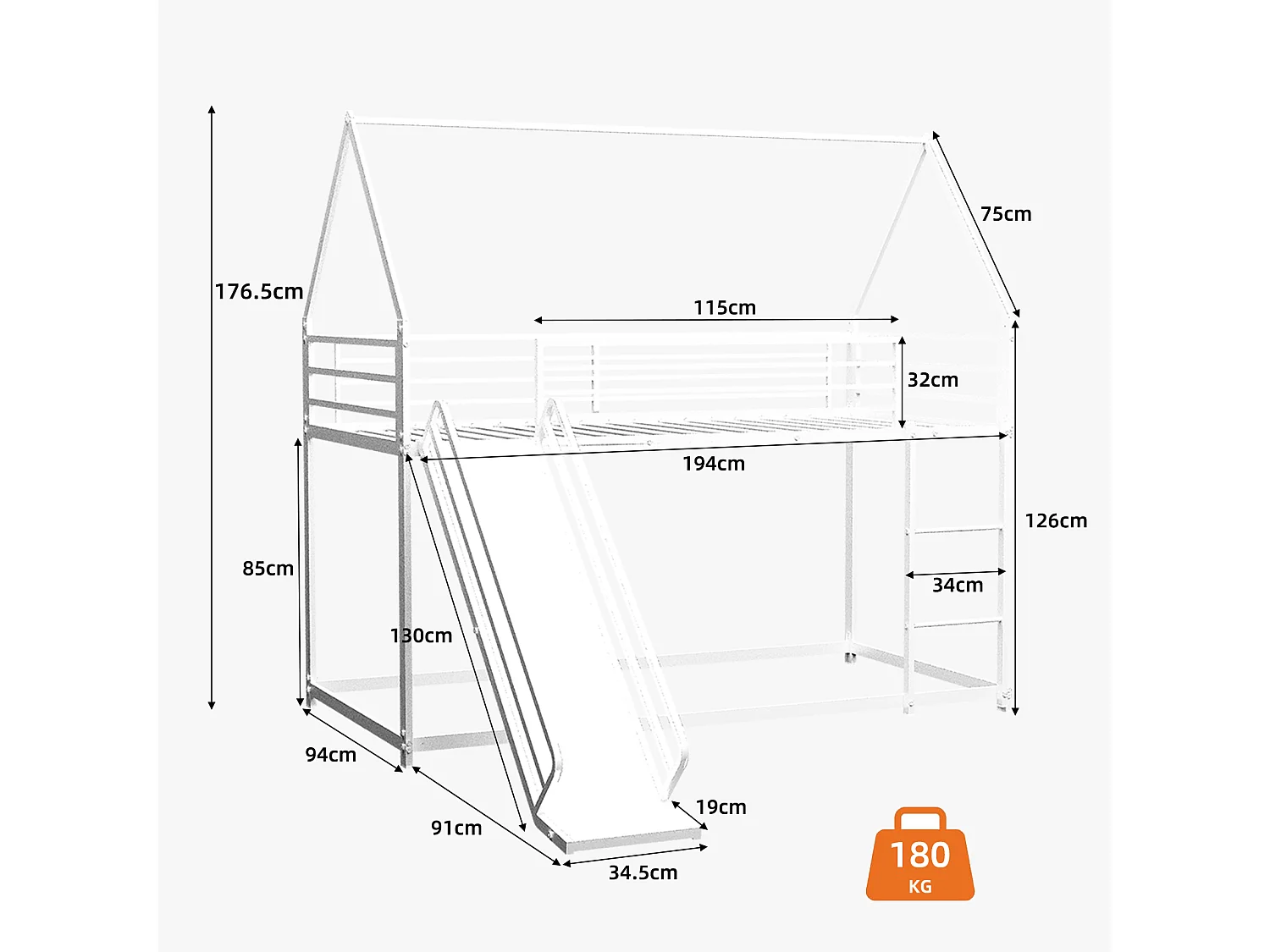 Lit mezzanine 140x190cm design moderne gain de place sécurité barreaux hauts structure en fer pour chambre blanche (Sans matelas)
