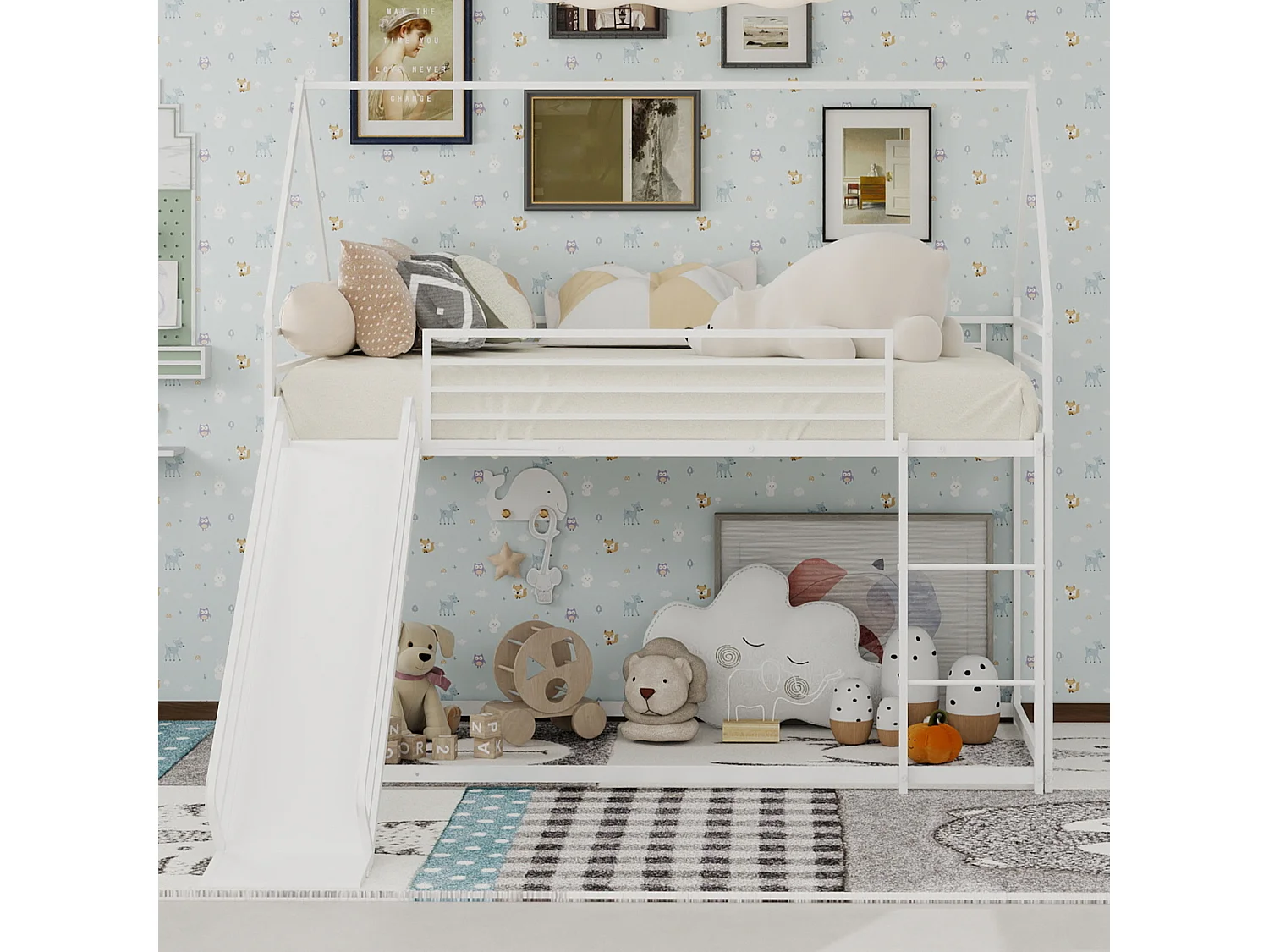 Lit mezzanine 140x190cm design moderne gain de place sécurité barreaux hauts structure en fer pour chambre blanche (Sans matelas)