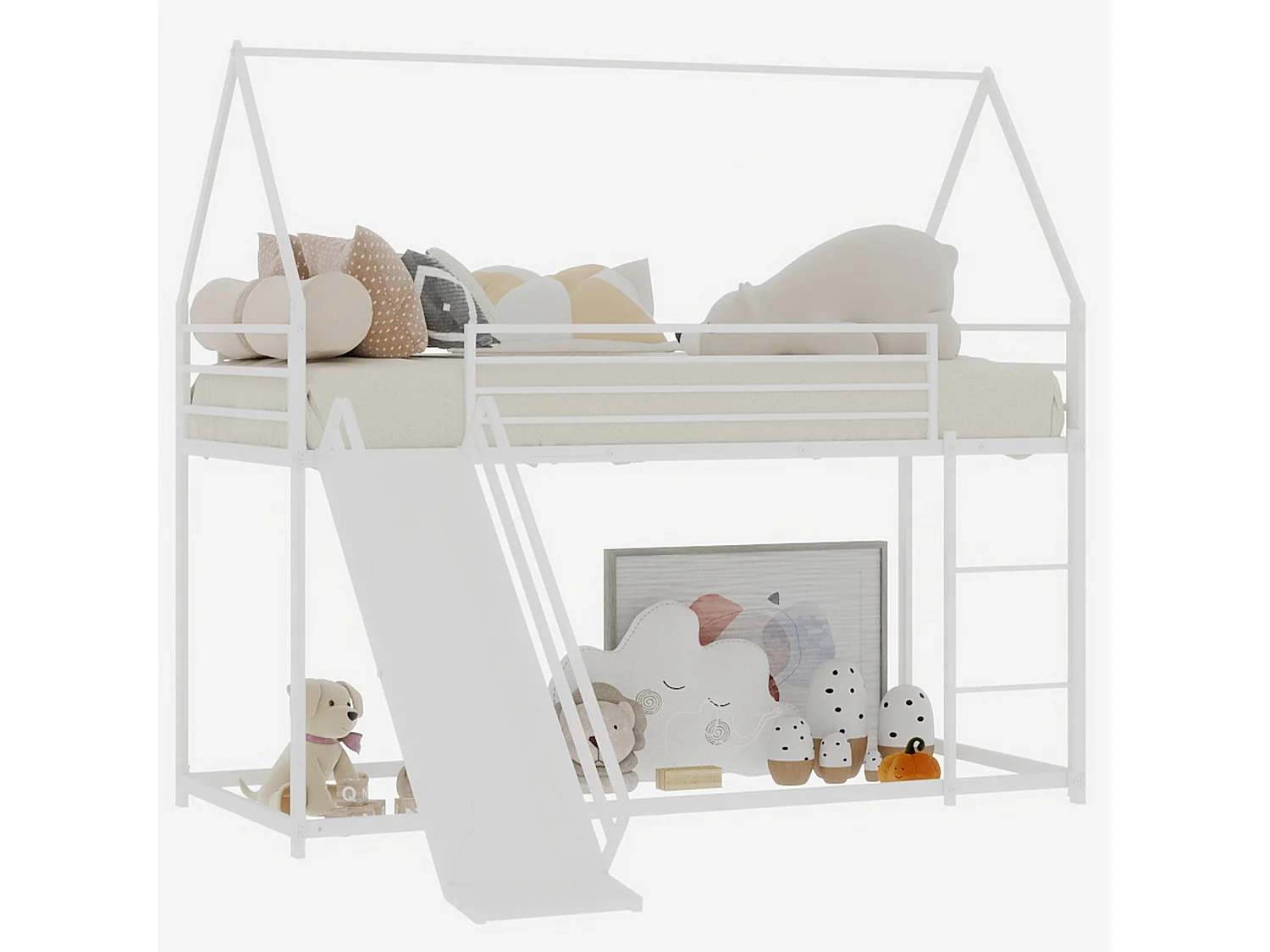 Lit mezzanine 90x190cm design moderne gain de place sécurité barreaux hauts structure en fer pour chambre blanche (Sans matelas)