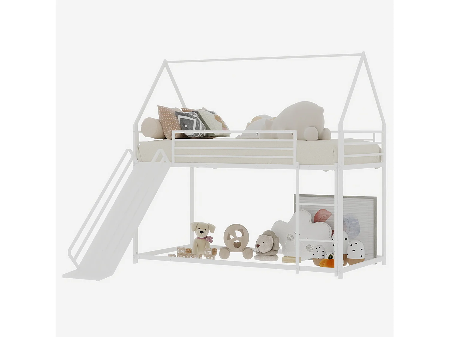 Lit mezzanine 90x190cm design moderne gain de place sécurité barreaux hauts structure en fer pour chambre blanche (Sans matelas)