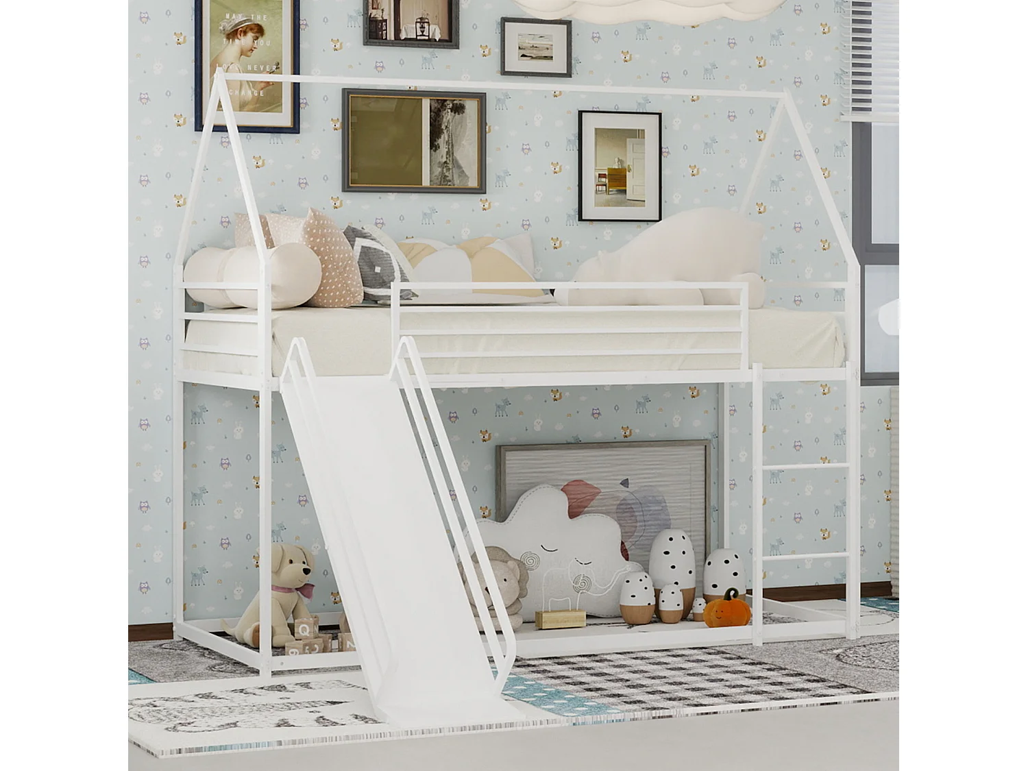 Lit mezzanine 90x190cm design moderne gain de place sécurité barreaux hauts structure en fer pour chambre blanche (Sans matelas)