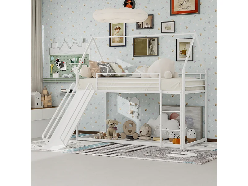 Lit mezzanine 140x190cm design moderne gain de place sécurité barreaux hauts structure en fer pour chambre blanche (Sans matelas)