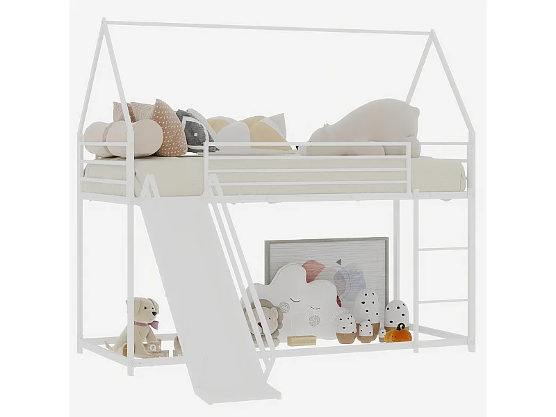 Litera casita 150x190cm con tobogán estable y resistente estructura de hierro montaje rápido color blanco (Sin colchón)