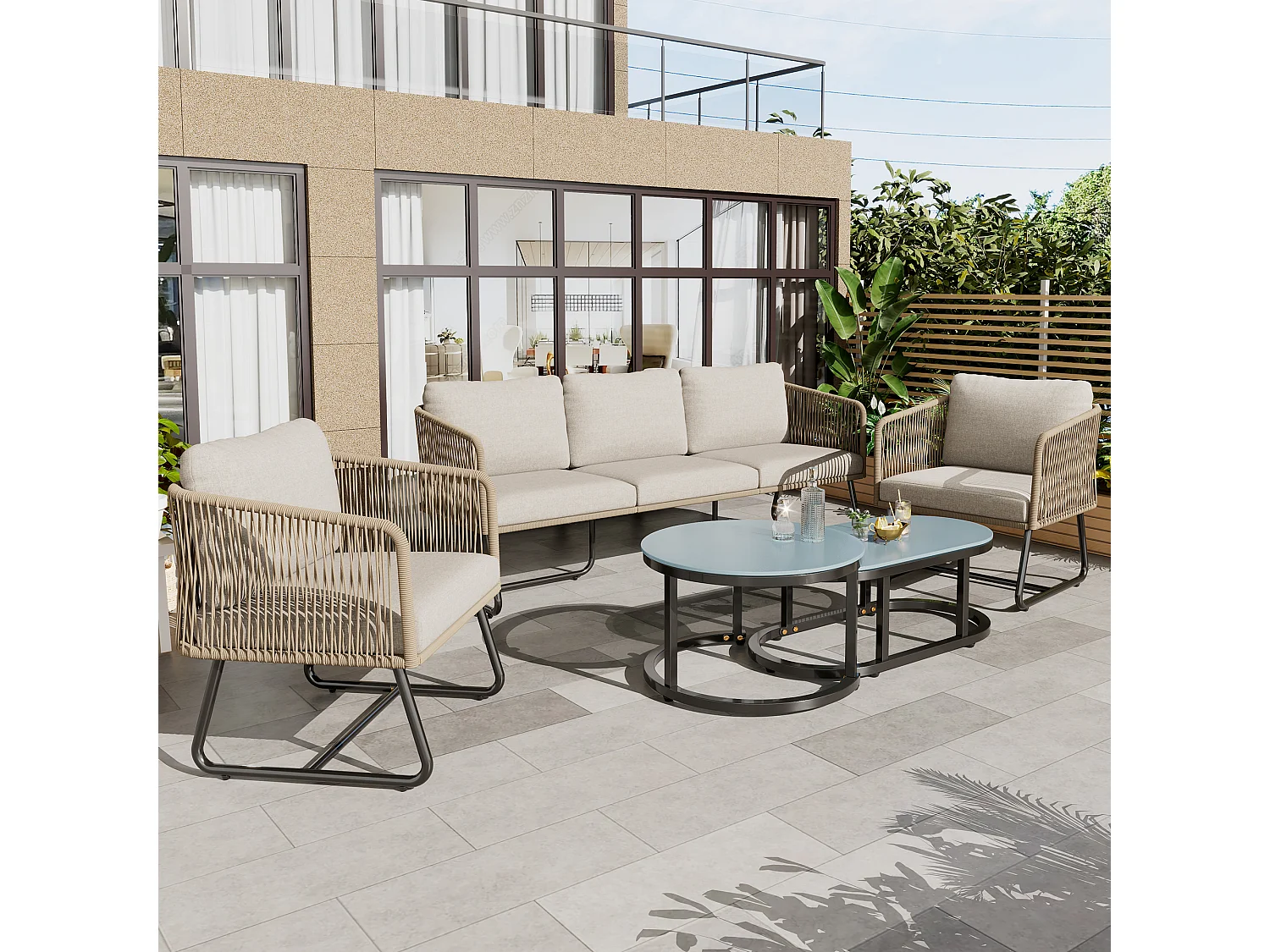 5-zits tuinmeubelset met zit- en rugkussens - Verstelbare poten - Metaal en glas - Beige