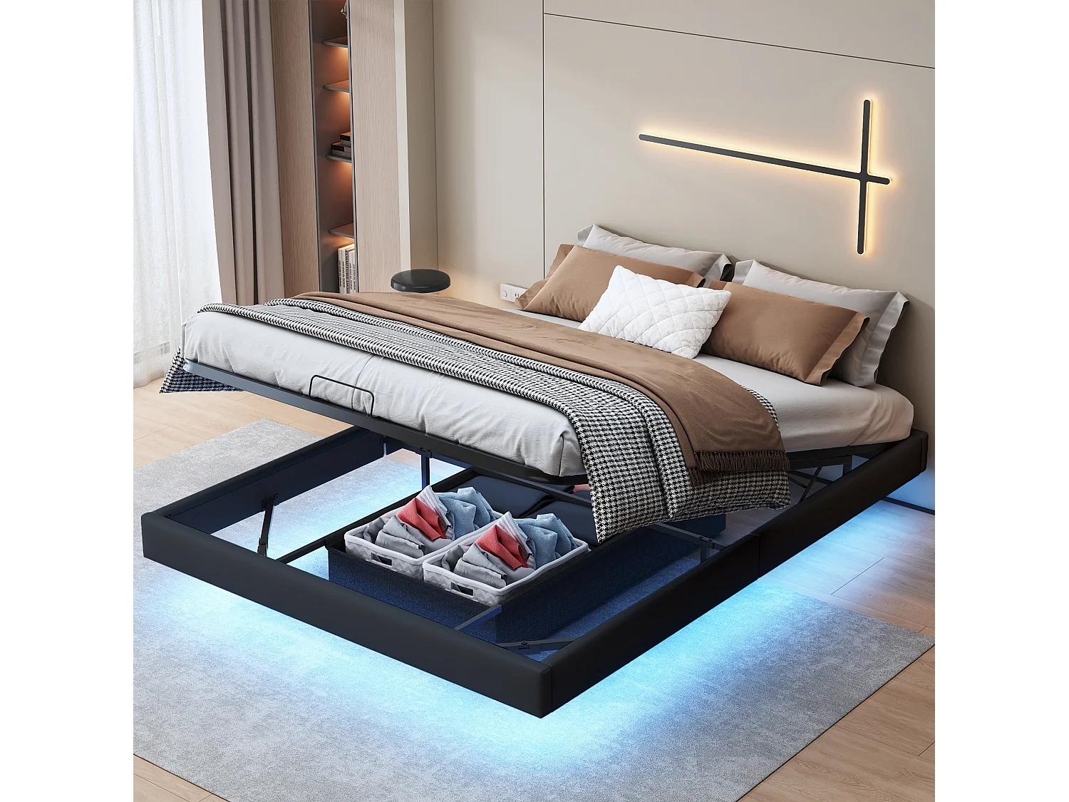 Cadre de lit flottant 160 x 200 cm - avec éclairage LED et espace de rangement - sans tête de lit - PU - noir