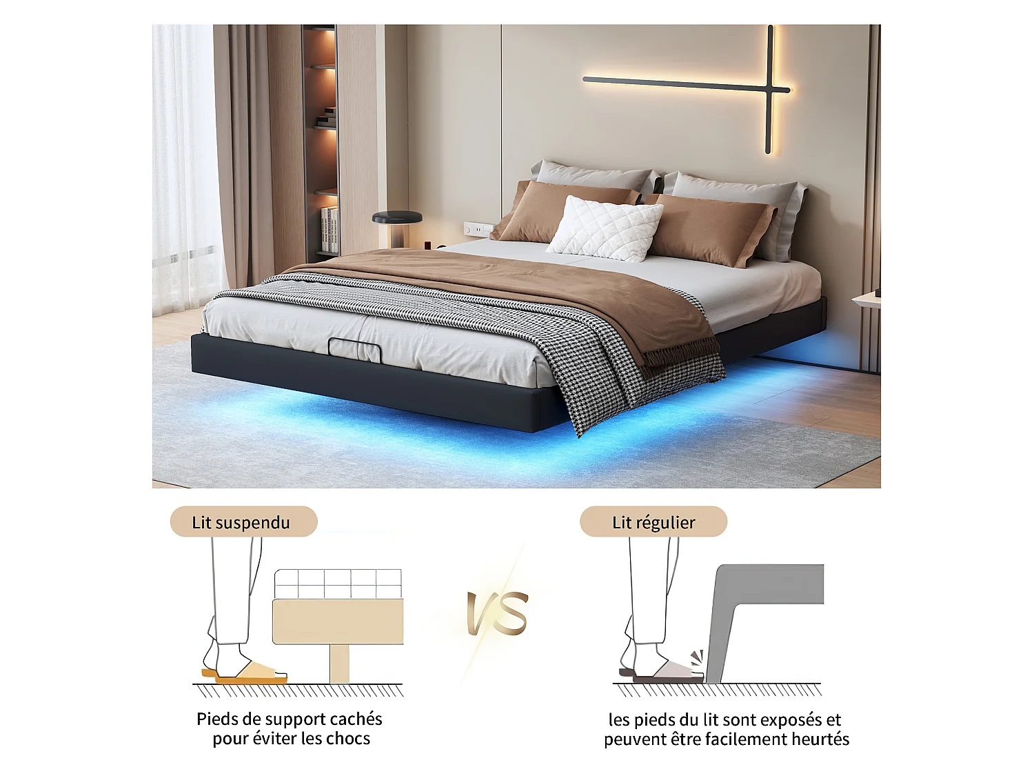 Cadre de lit flottant 160 x 200 cm - avec éclairage LED et espace de rangement - sans tête de lit - PU - noir