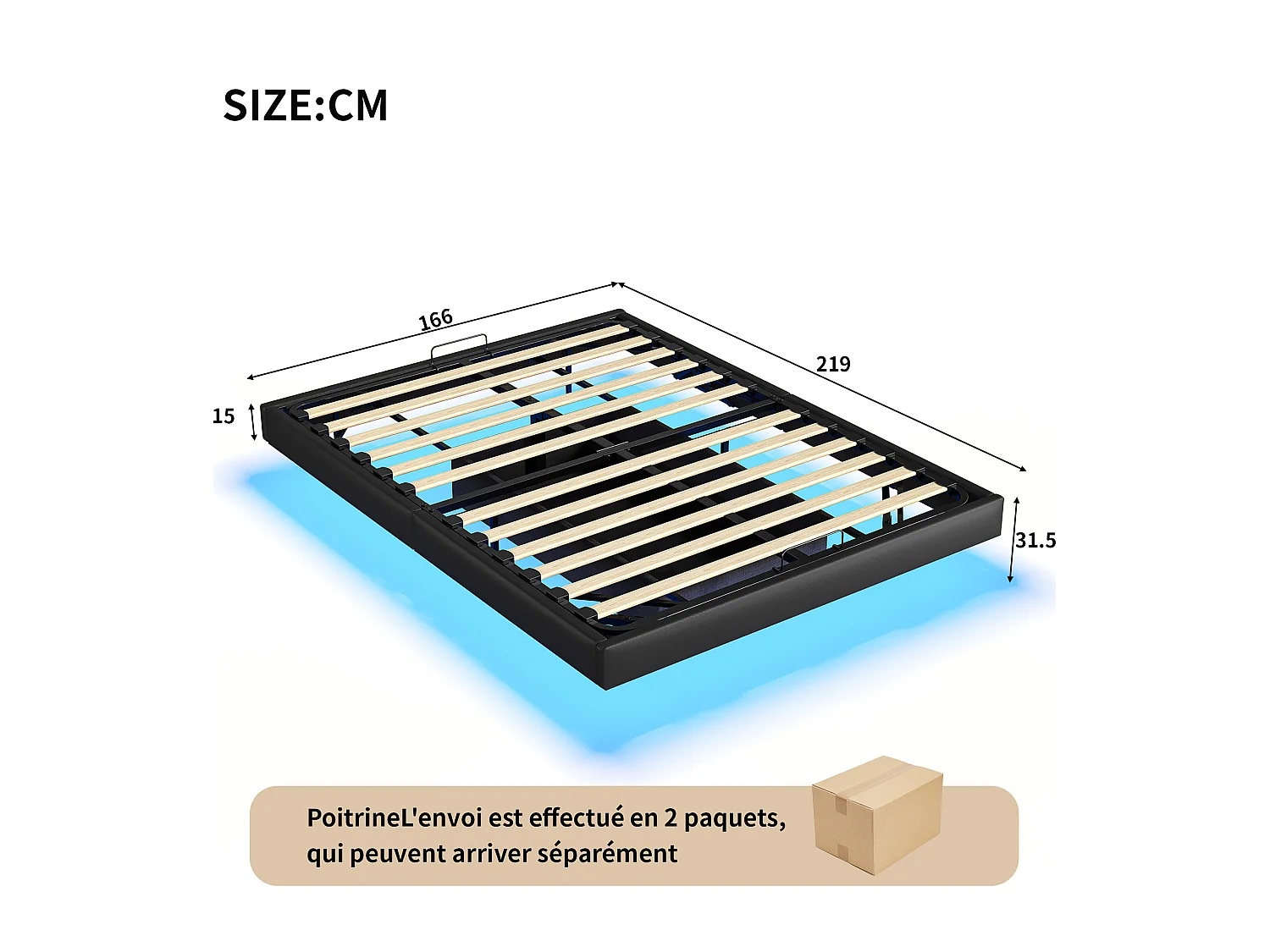 Cadre de lit flottant 160 x 200 cm - avec éclairage LED et espace de rangement - sans tête de lit - PU - noir