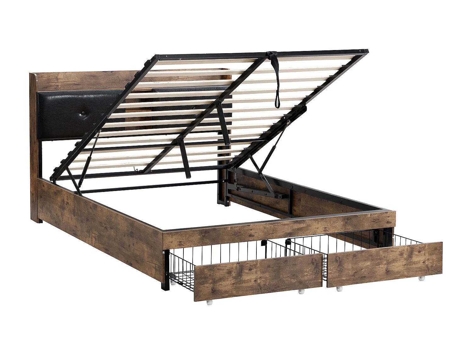 Lit coffre 140x200 cm avec sommier - tête de lit avec rangement et 2 tiroirs - en bois - marron (sans matelas)