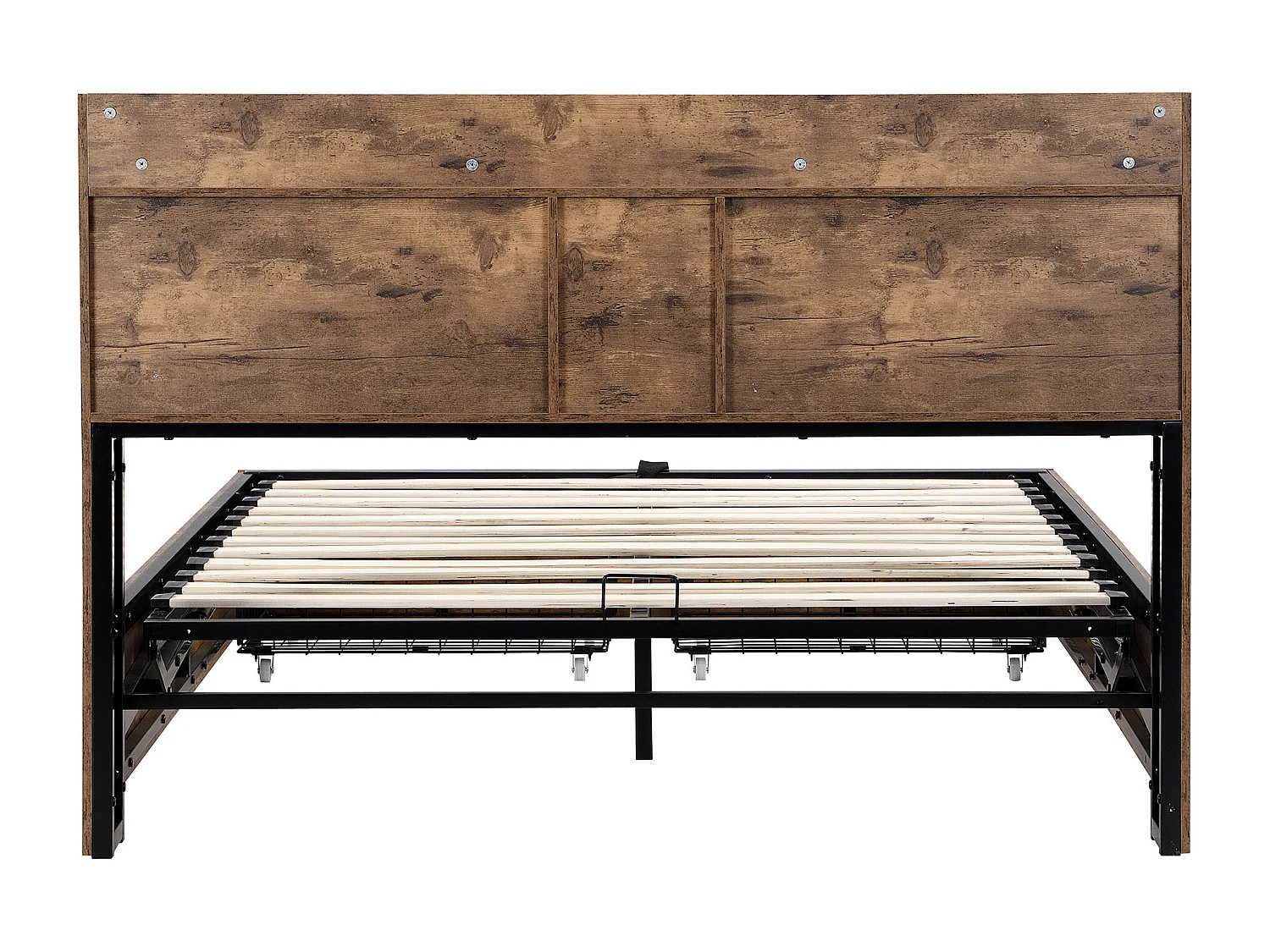 Lit coffre 140x200 cm avec sommier - tête de lit avec rangement et 2 tiroirs - en bois - marron (sans matelas)