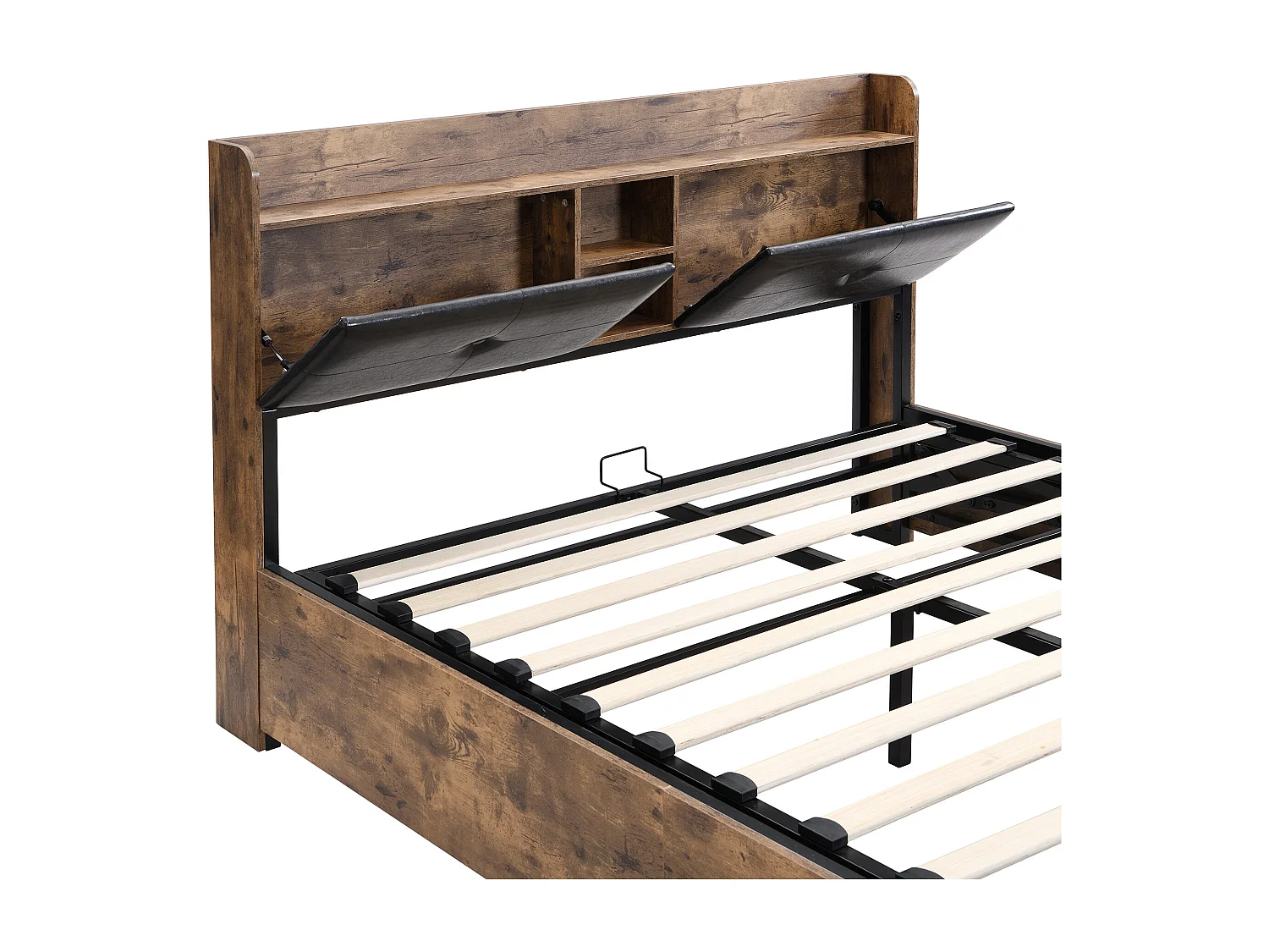 Lit coffre 140x200 cm avec sommier - tête de lit avec rangement et 2 tiroirs - en bois - marron (sans matelas)