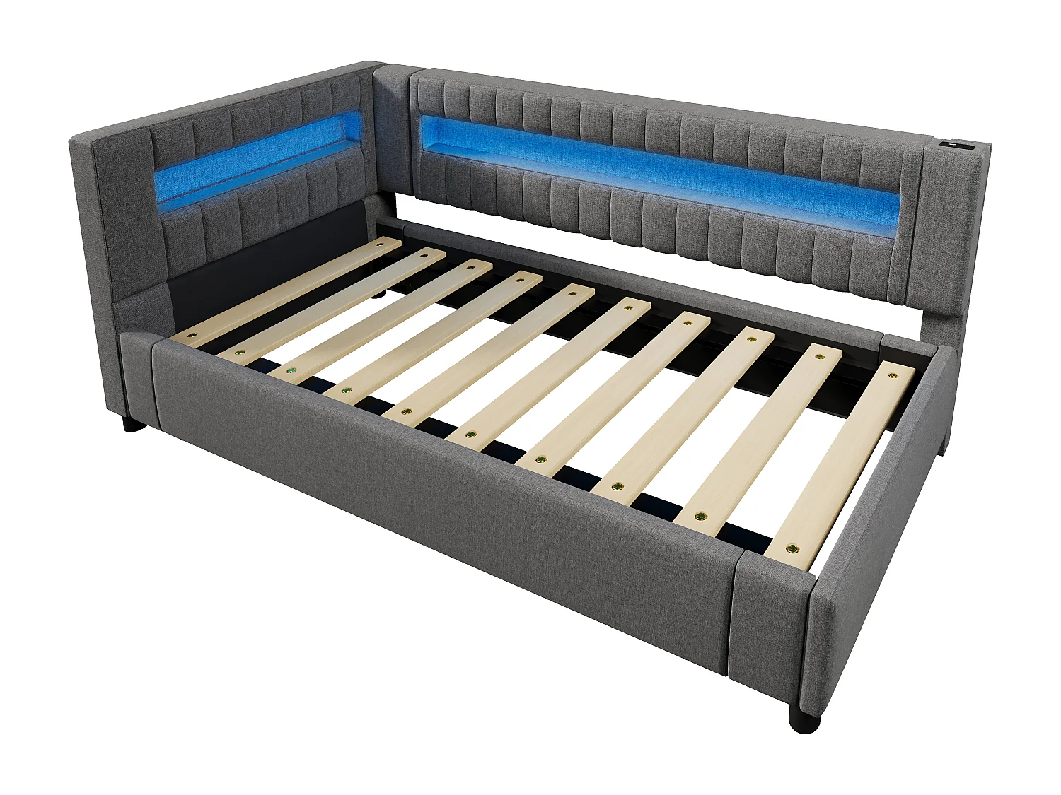 Lit coffre 90x200cm avec bande lumineuse LED port de chargement en gris pour enfant et adulte (sans matelas)