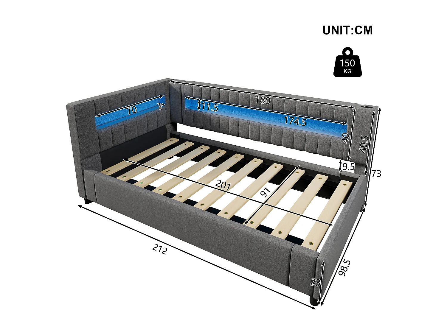 Lit coffre 90x200cm avec bande lumineuse LED port de chargement en gris pour enfant et adulte (sans matelas)