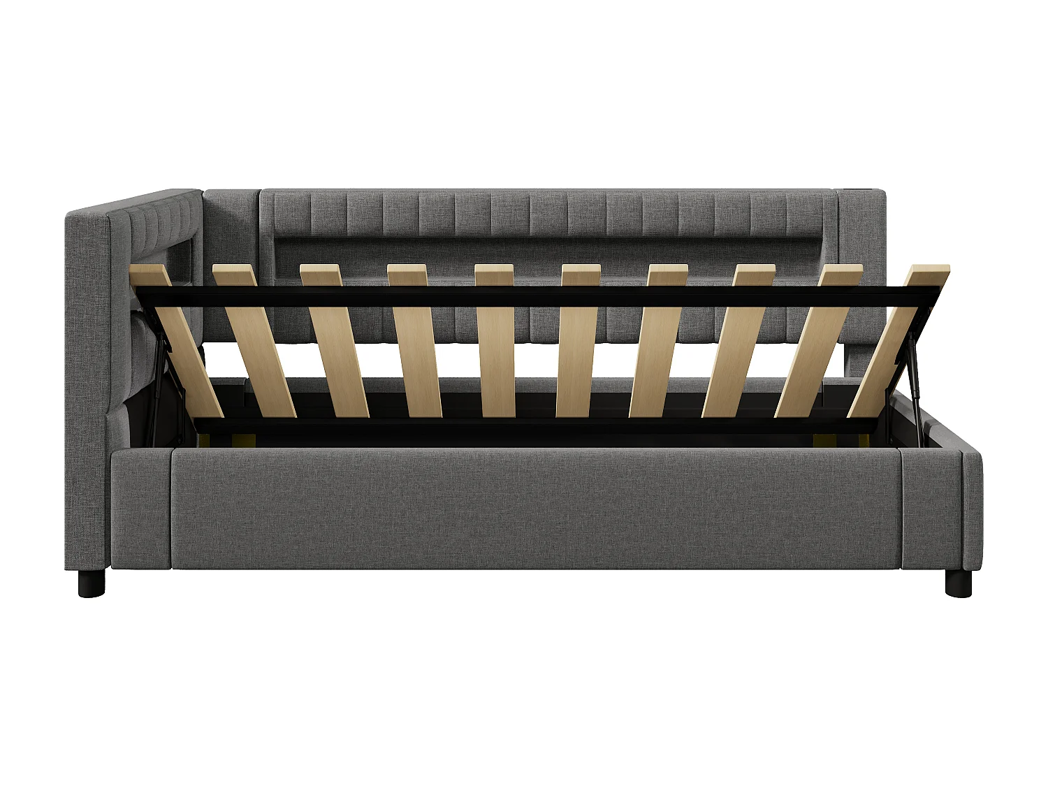 Lit simple 90x200 cm avec bande LED, ports USB et Type C, en lin, gris (Sans matelas)