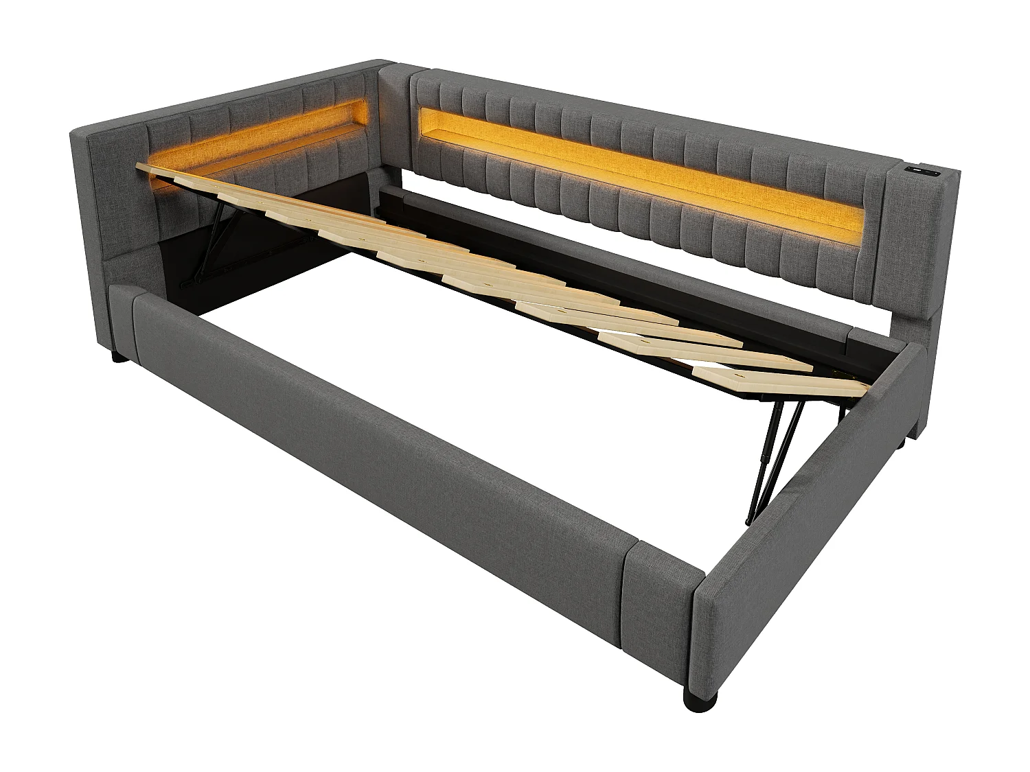 Lit simple 90x200 cm avec bande LED, ports USB et Type C, en lin, gris (Sans matelas)