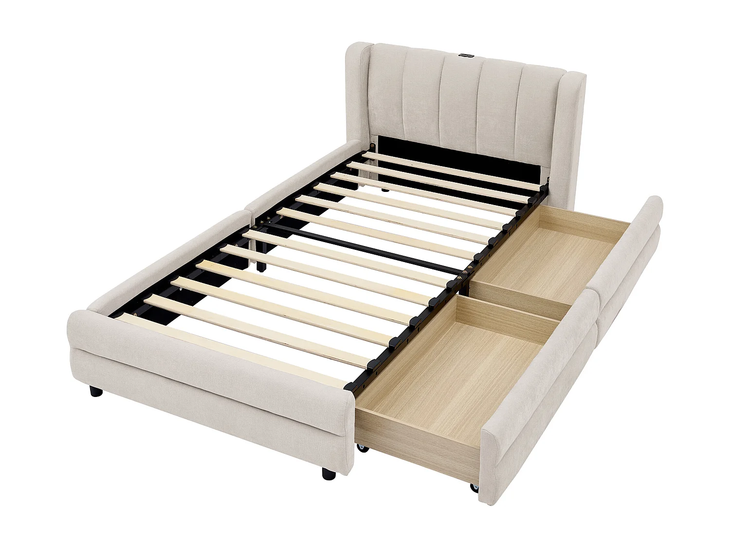 Lit simple 90x200cm avec compartiment de rangement latéral et port de chargement USB tissu doux en beige pour enfant et adulte (sans matelas)