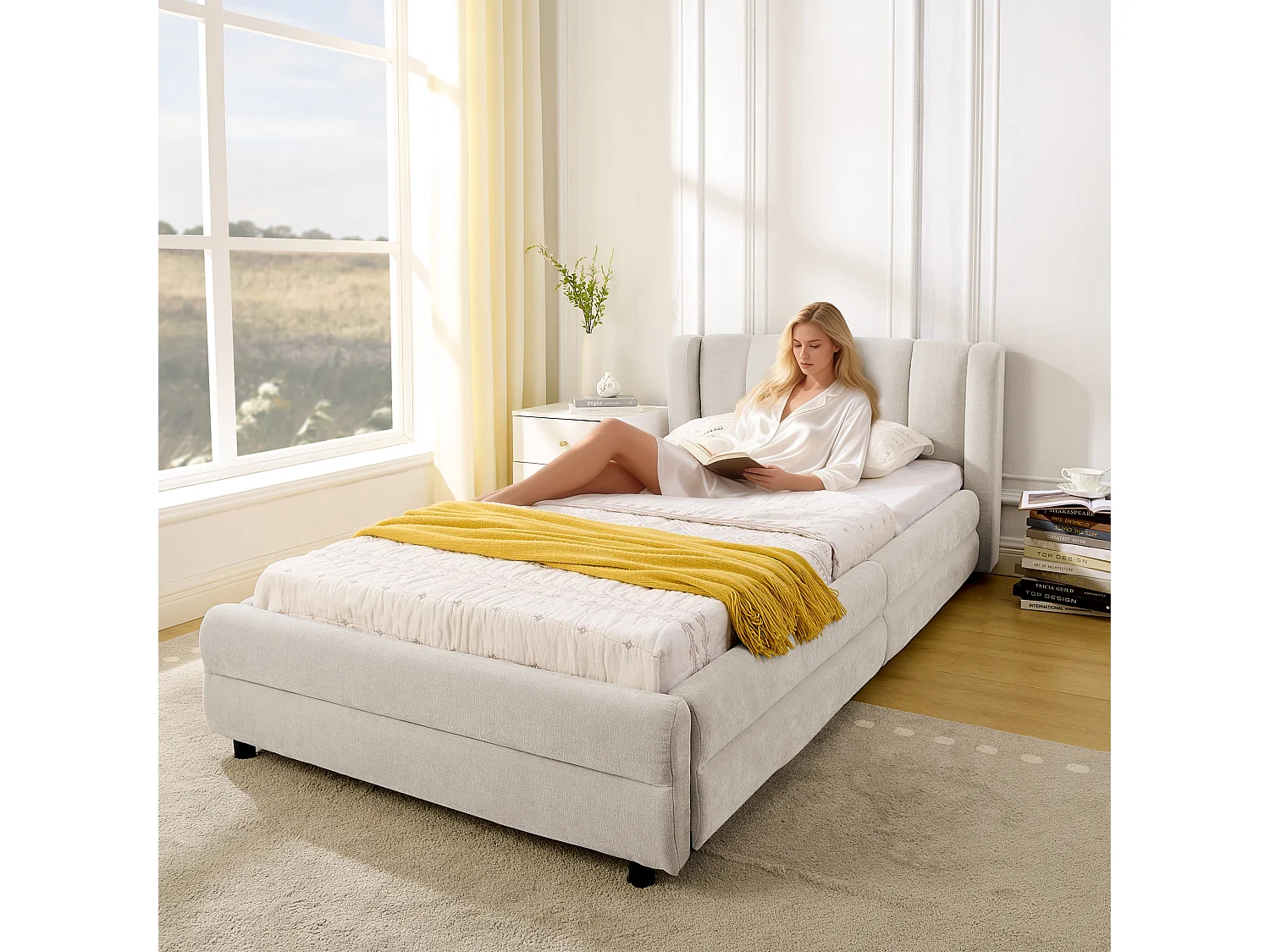 Lit simple 90x200cm avec compartiment de rangement latéral et port de chargement USB tissu doux en beige pour enfant et adulte (sans matelas)