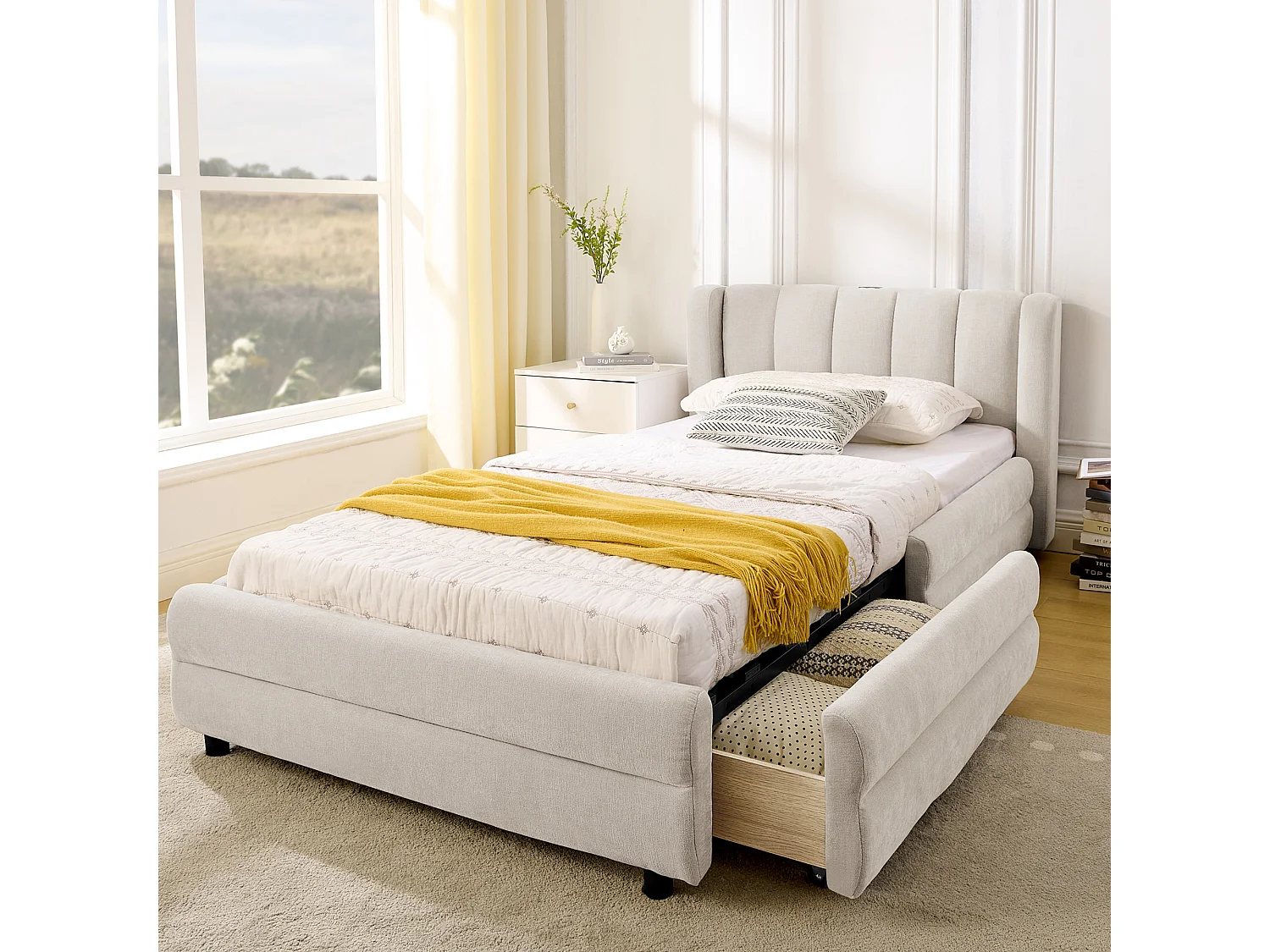 Lit simple 90x200cm avec compartiment de rangement latéral et port de chargement USB tissu doux en beige pour enfant et adulte (sans matelas)