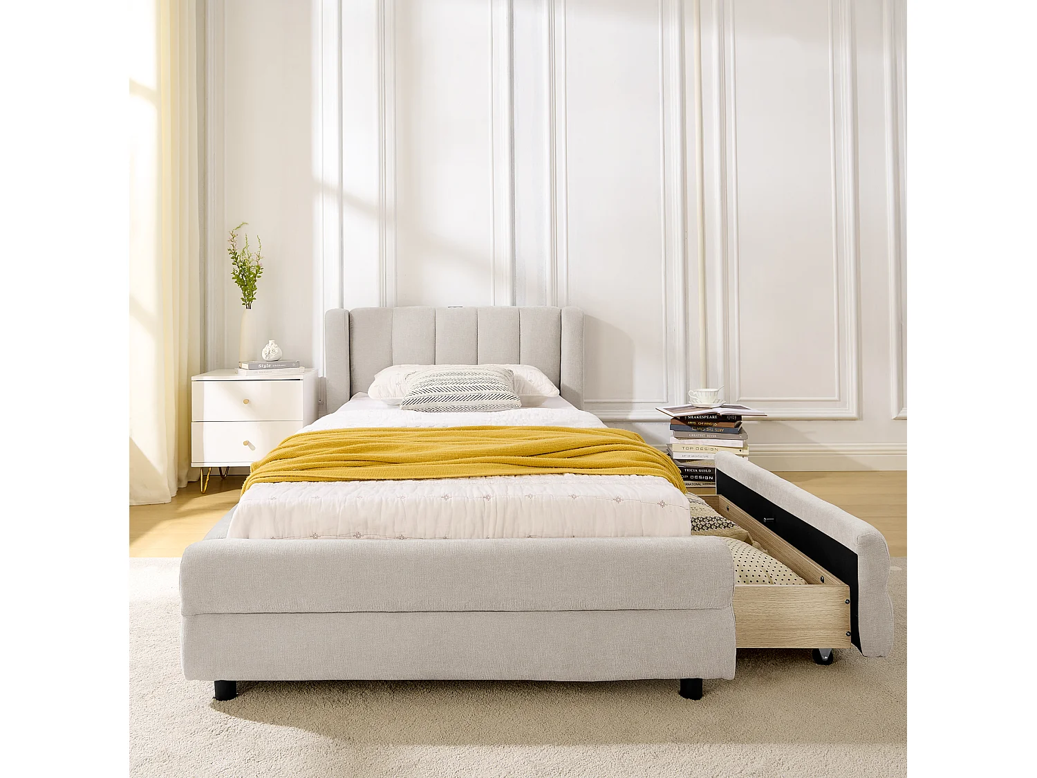 Lit simple 90x200cm avec compartiment de rangement latéral et port de chargement USB tissu doux en beige pour enfant et adulte (sans matelas)