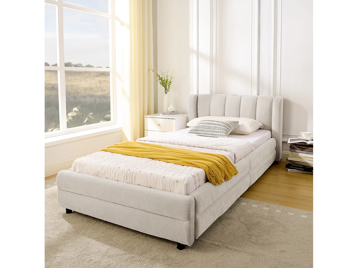 Lit 90x200 (Sans matelas) avec tiroirs latéraux réversibles, ports USB et USB C, dossier ergonomique, chenille, beige (Sans matelas)