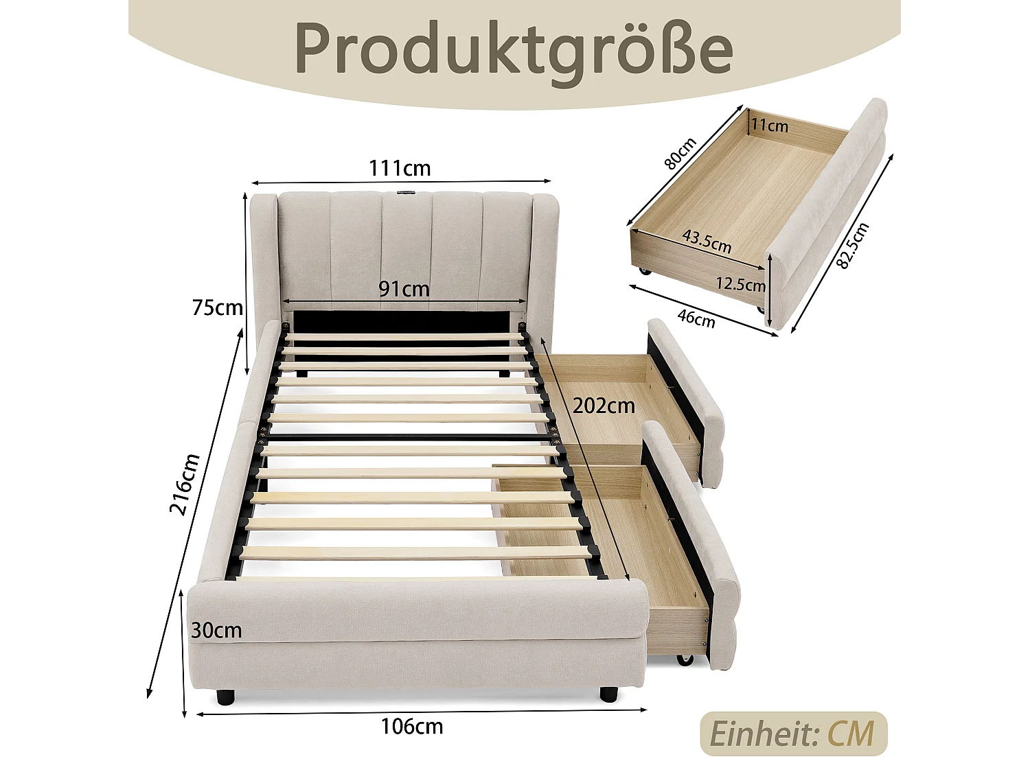 Lit 90x200 (Sans matelas) avec tiroirs latéraux réversibles, ports USB et USB C, dossier ergonomique, chenille, beige (Sans matelas)
