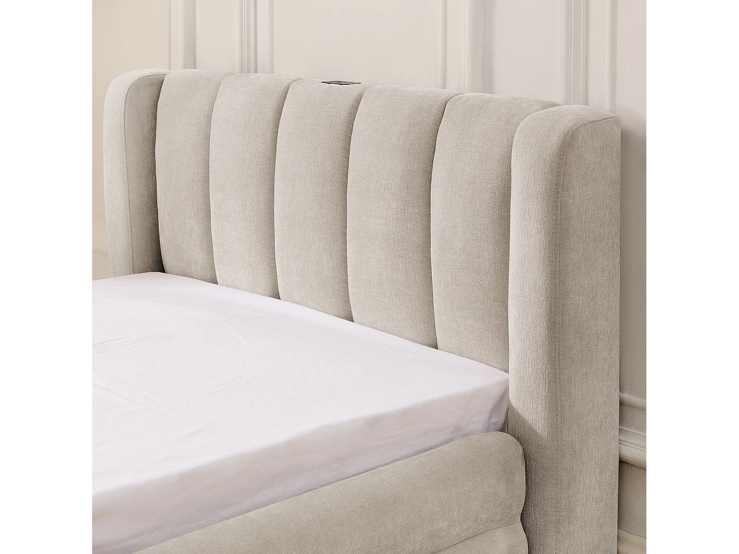 Lit 90x200 (Sans matelas) avec tiroirs latéraux réversibles, ports USB et USB C, dossier ergonomique, chenille, beige (Sans matelas)