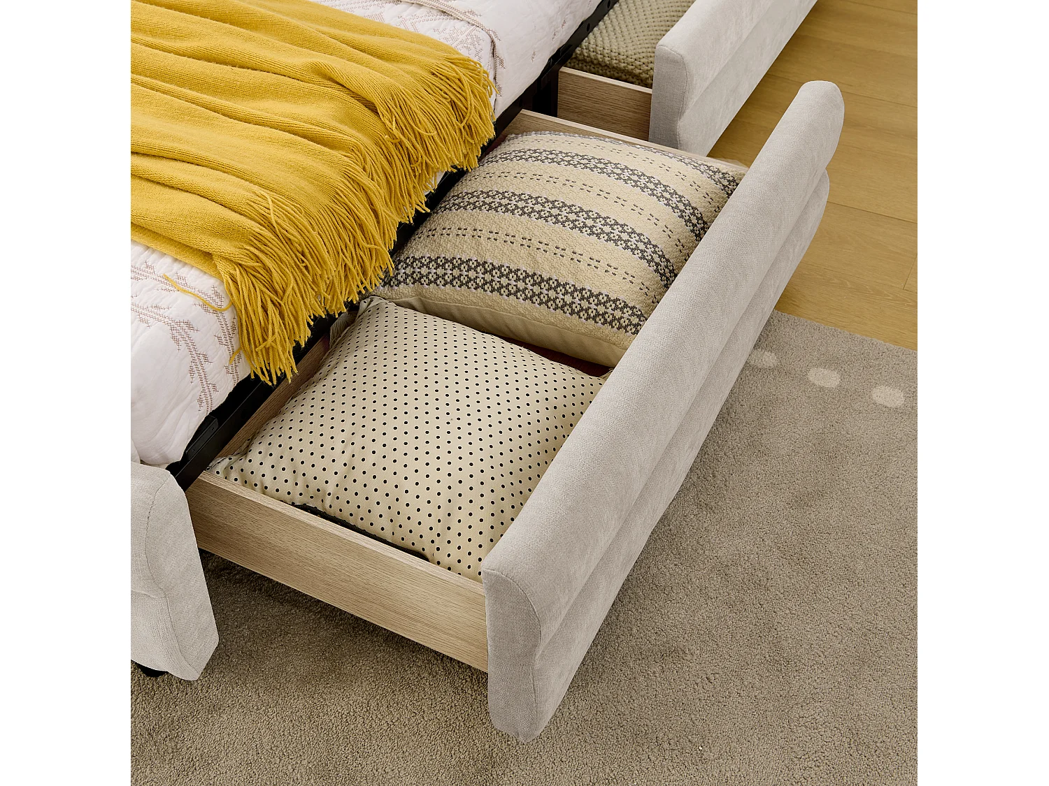 Lit 90x200 (Sans matelas) avec tiroirs latéraux réversibles, ports USB et USB C, dossier ergonomique, chenille, beige (Sans matelas)