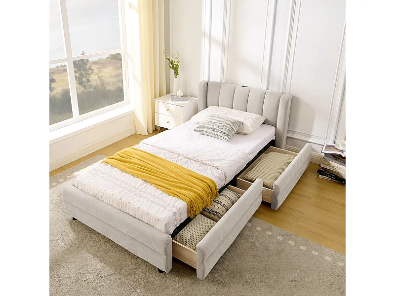 Lit simple 90x200cm avec compartiment de rangement latéral et port de chargement USB tissu doux en beige pour enfant et adulte (sans matelas)