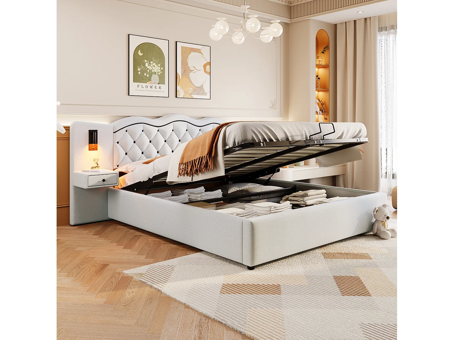 Lit adulte 180x200 cm avec tête de lit intégrée et rangements intégrés, levage hydraulique et prises USB, revêtement en lin, beige (Sans matelas)