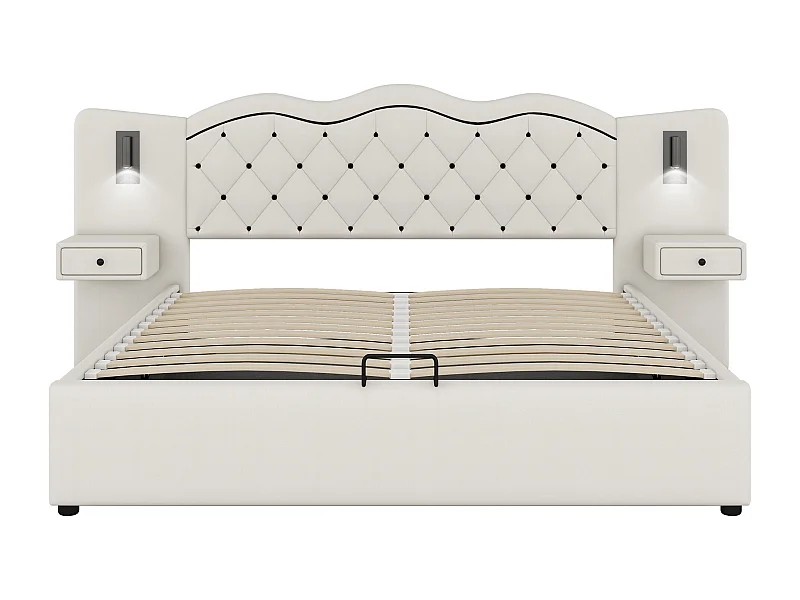Lit adulte 180x200 cm avec tête de lit intégrée et rangements intégrés, levage hydraulique et prises USB, revêtement en lin, beige (Sans matelas)