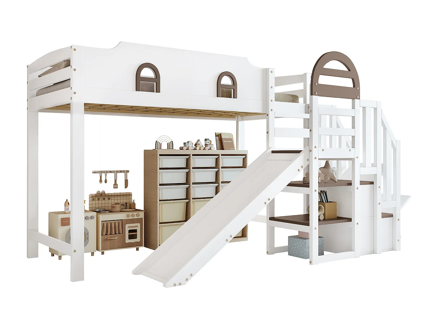 Lit superposé 90x200cm lit pour enfants style ludique sécurité renforcée bois et MDF pour chambre enfant blanc (Sans matelas)