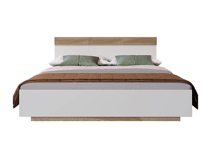 Lit double 140x200 avec sommier à lattes intégré, effet flottant, avec tête de lit, bois, blanc et chêne (Sans matelas)