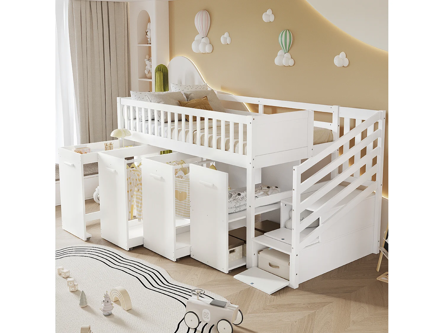 Lit mezzanine 90x200cm lit enfant design minimaliste gain de place multifonction bois chambre blanc (Sans matelas)