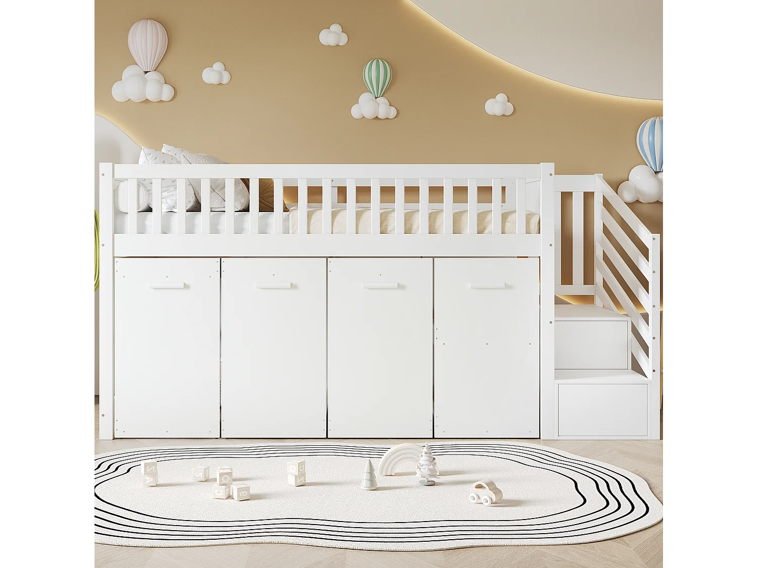 Lit mezzanine 90x200cm lit enfant design minimaliste gain de place multifonction bois chambre blanc (Sans matelas)