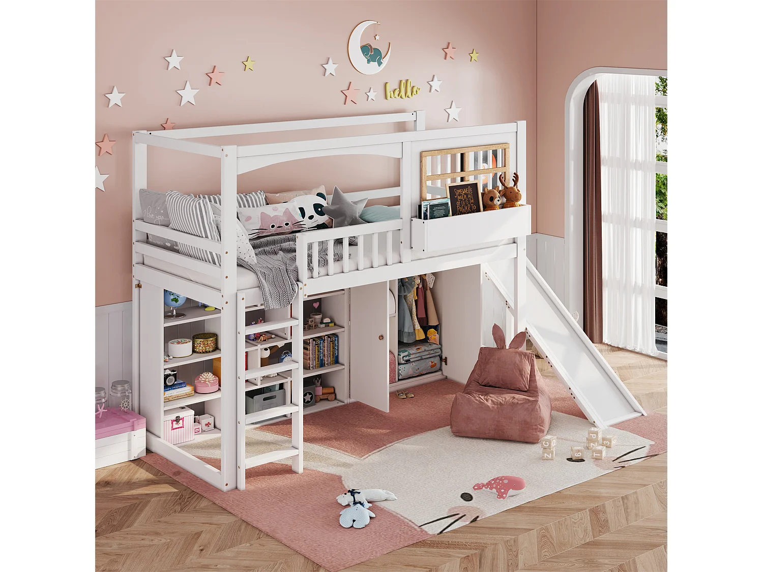 Lit mezzanine 140x200cm lit enfant gain de place style moderne fonction rangement bois et MDF pour chambre enfant blanc naturel (Sans matelas)