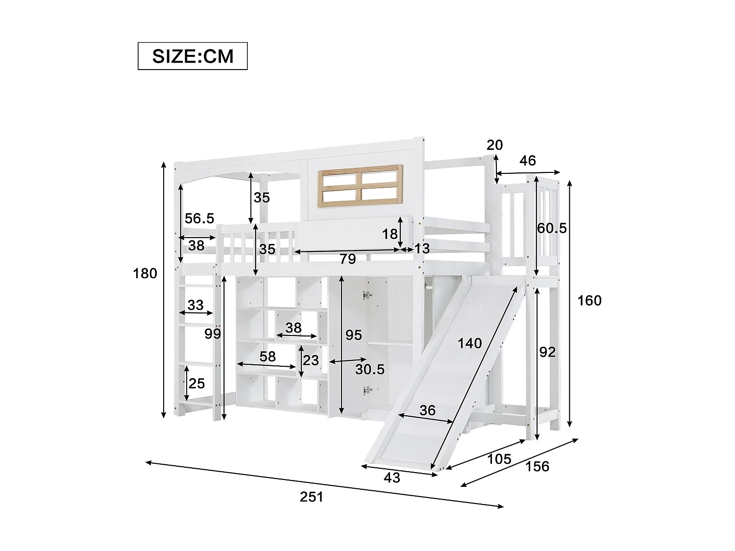 Lit superposé enfant 90x200 avec toboggan, avec rangements et armoire, en bois et MDF, blanc naturel (Sans matelas)