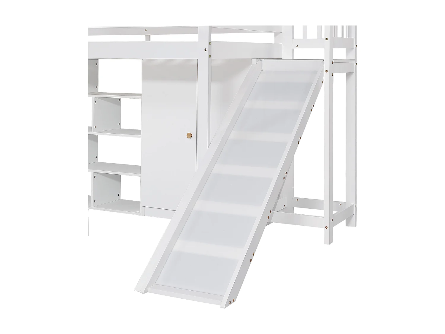 Lit superposé enfant 90x200 avec toboggan, avec rangements et armoire, en bois et MDF, blanc naturel (Sans matelas)
