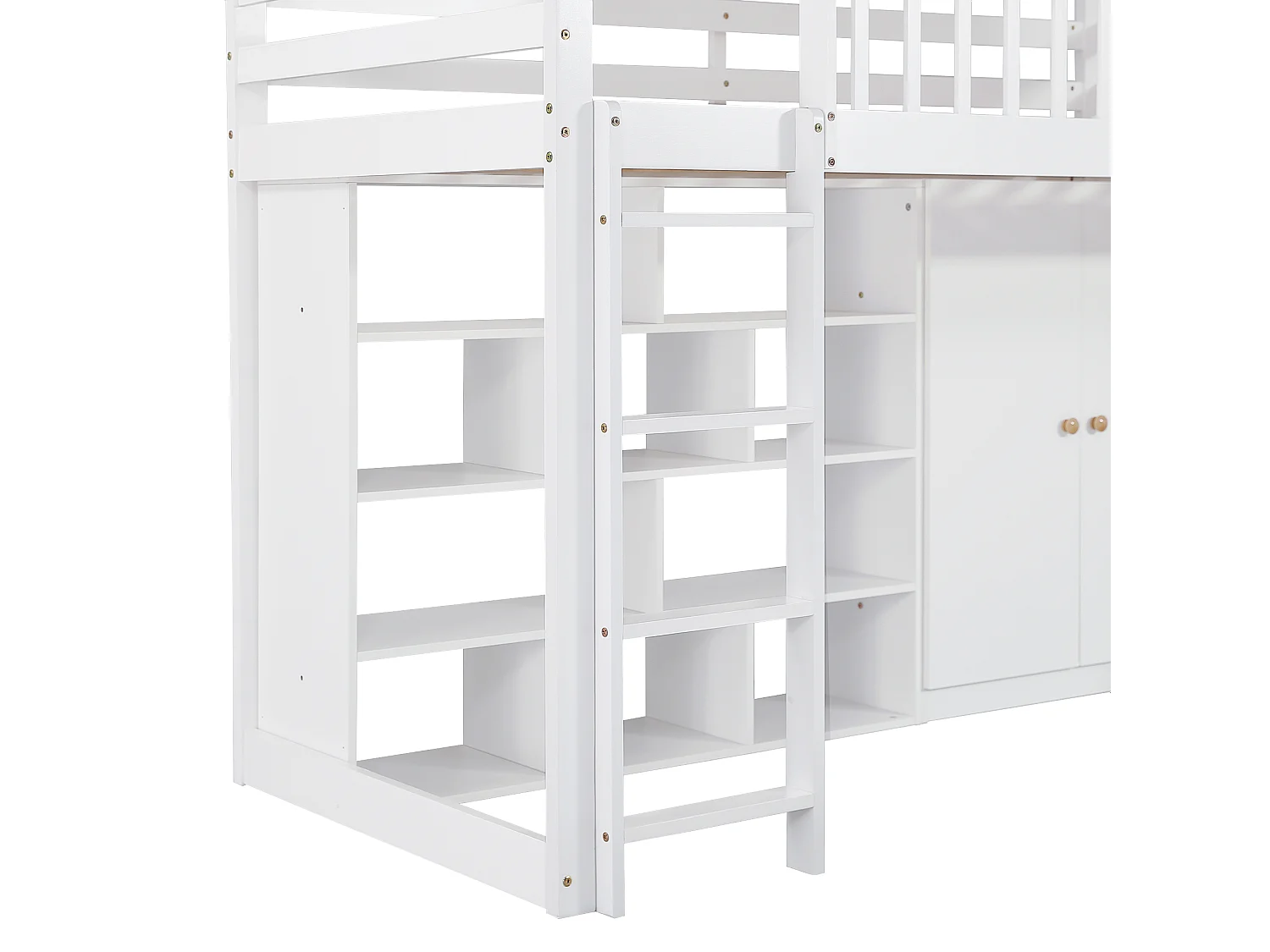 Lit superposé enfant 90x200 avec toboggan, avec rangements et armoire, en bois et MDF, blanc naturel (Sans matelas)