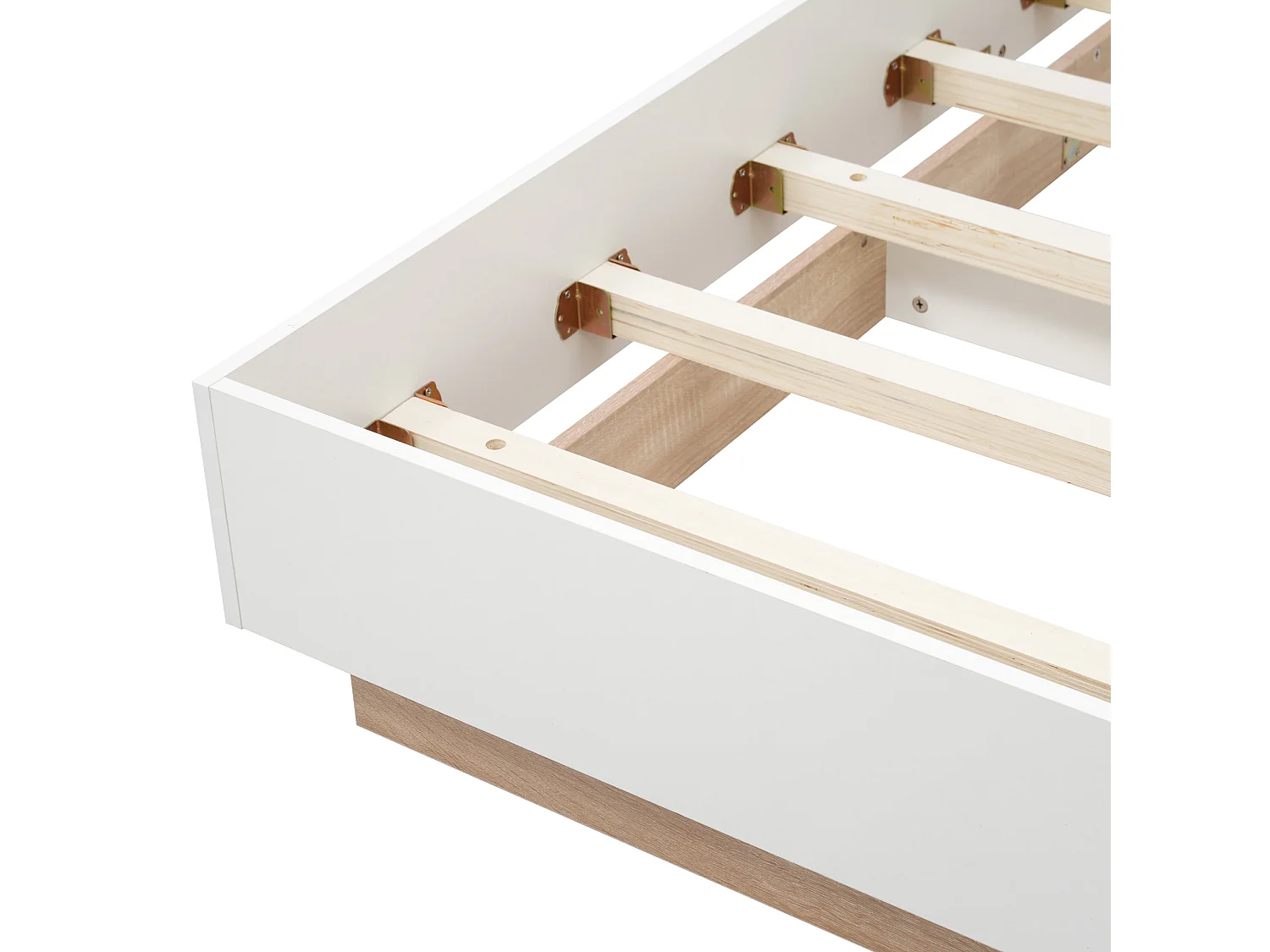 Lit double 160x200 avec sommier intégré, effet flottant, tête de lit, bois, blanc et chêne (Sans matelas)